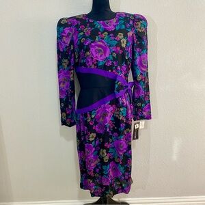 NWT Vintage 80s Leslie Lucks Floral Rayon Dress Purple Pink Padded Shoulders 14